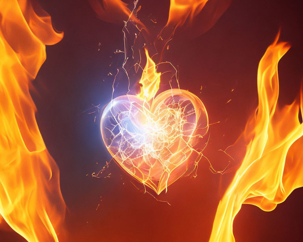 Glowing heart surrounded by flames and energy on dark background