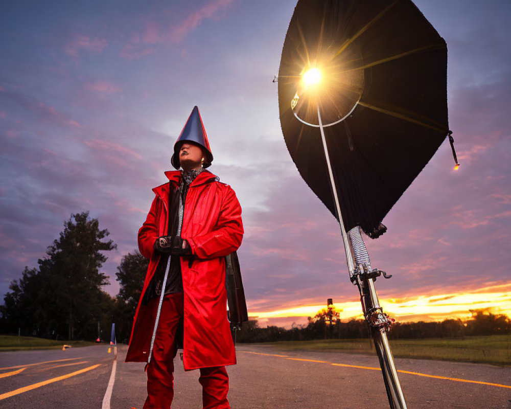 Person in Red Coat and Conical Hat with Umbrella on Road at Sunset