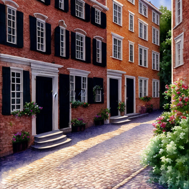 Charming cobblestone street with brick buildings and lush plants