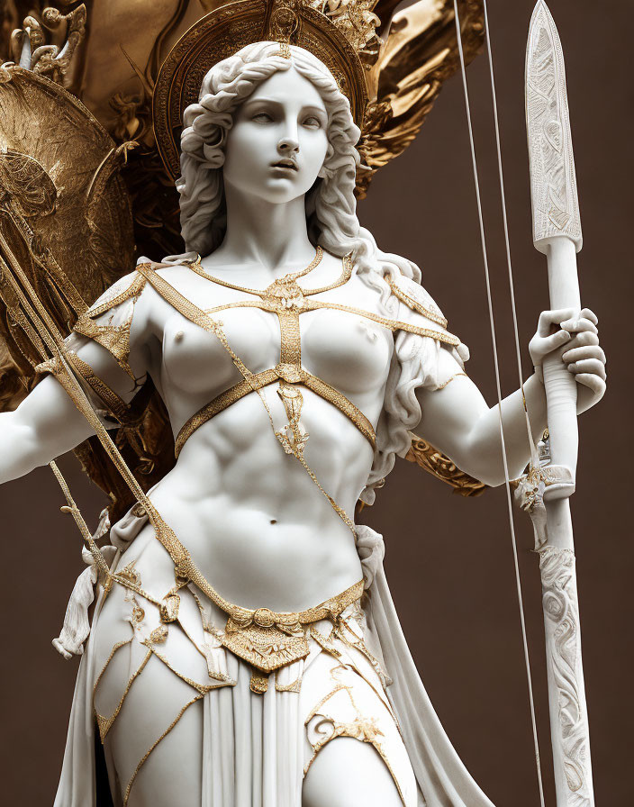 Elaborate Female Warrior Sculpture with Armor and Sword on Brown Background