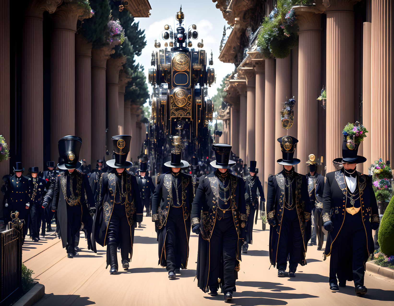 Ornately Dressed Individuals in Tall Black Hats Marching with Decorative Float