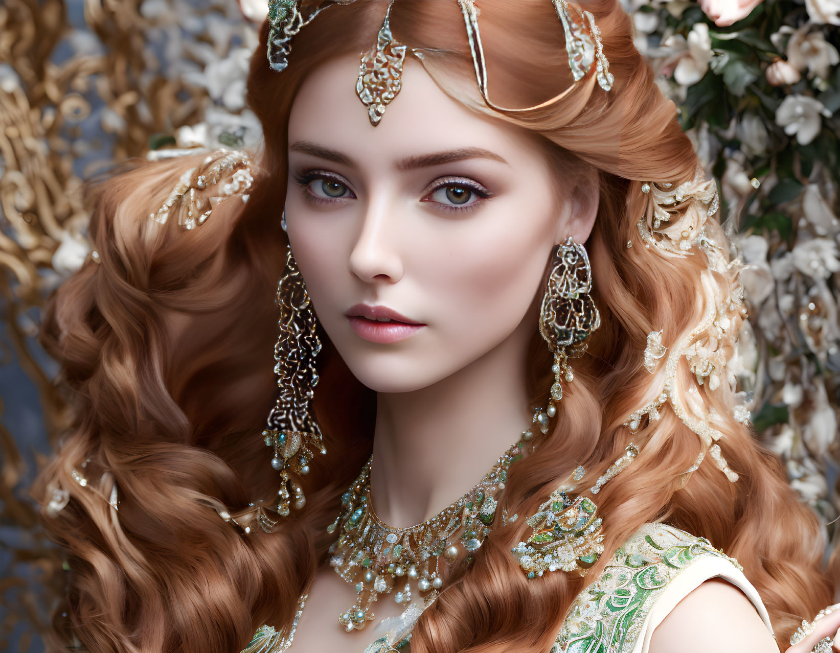 Elaborate Gold Jewelry and Detailed Makeup on Woman with Floral Background