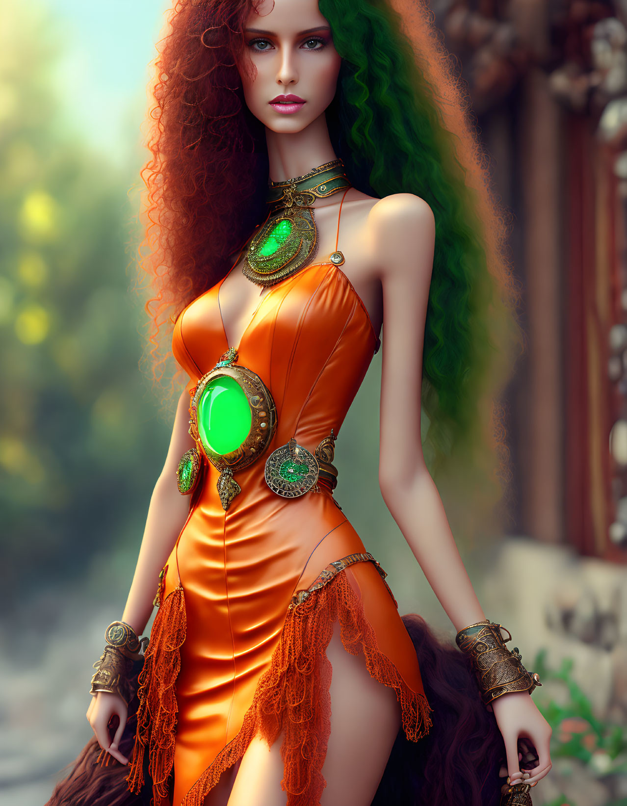 Vibrant green hair woman in ornate orange dress with gemstone jewelry