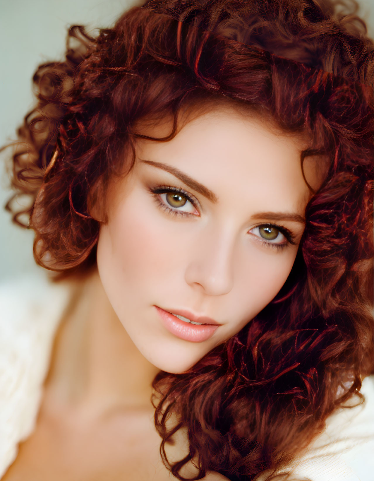 Close-up of woman with voluminous curly auburn hair and green eyes wearing light-colored top