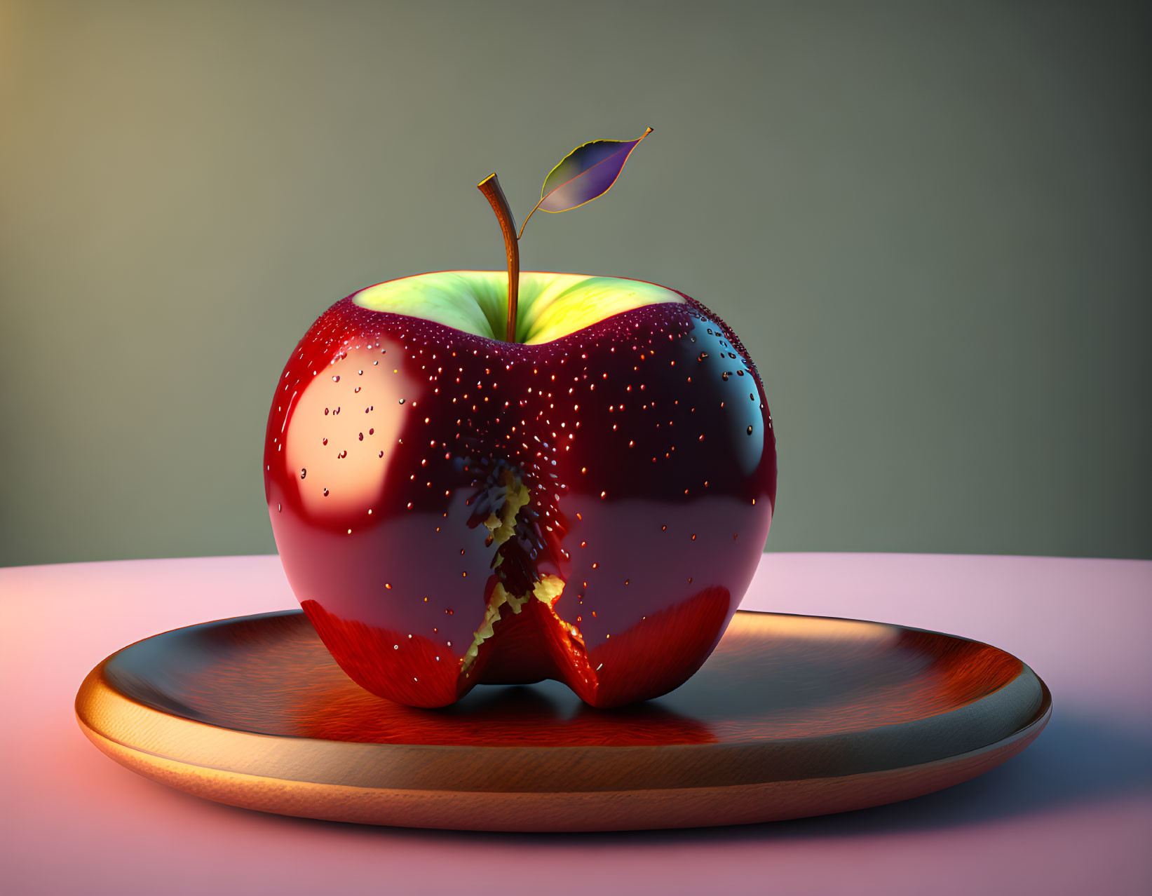 Digitally rendered red apple with bite on wooden plate against two-tone background