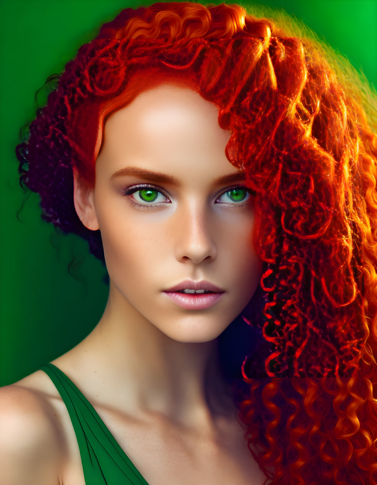 Vibrant red curly hair and green eyes on green background