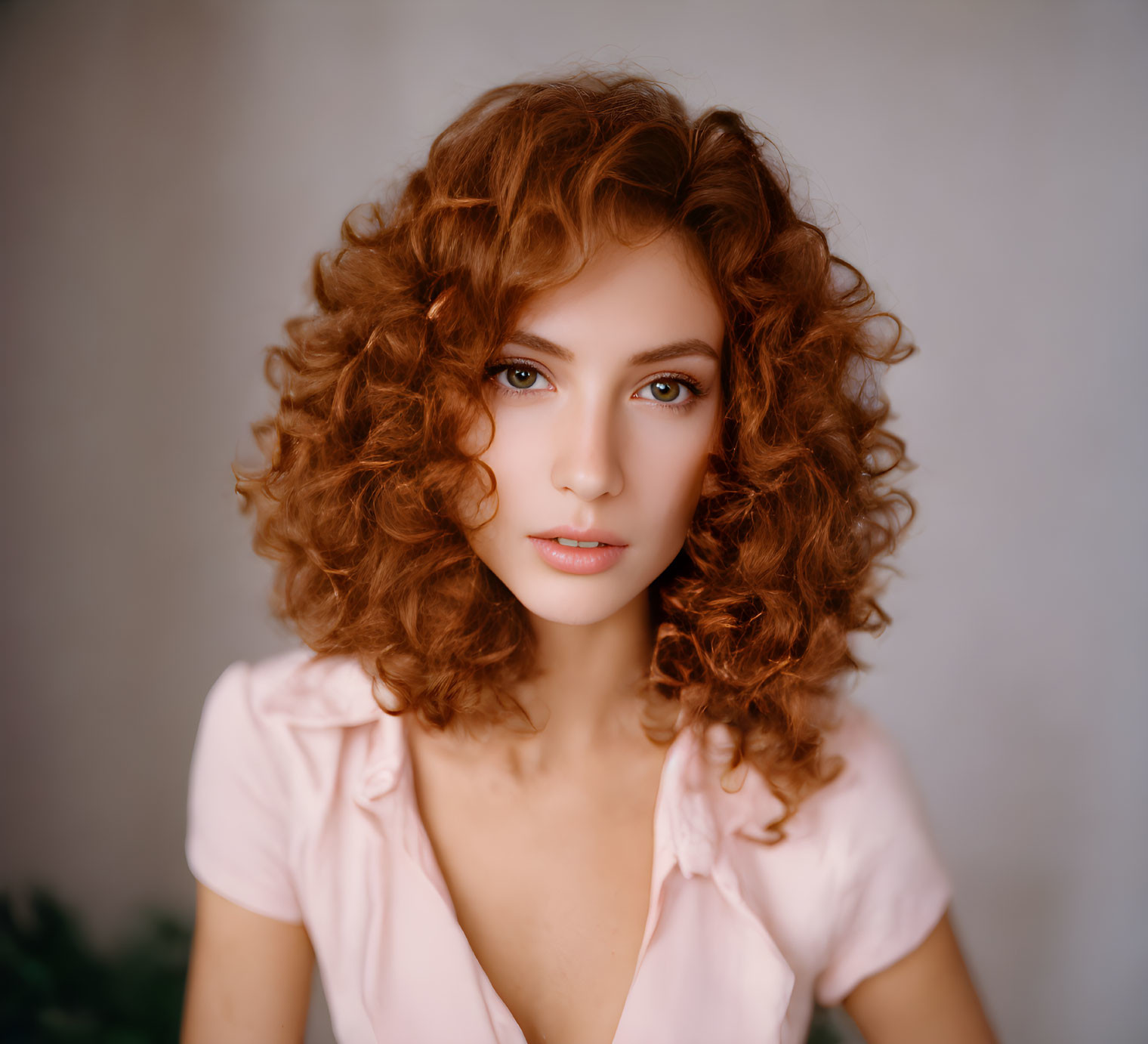 Portrait of woman with curly auburn hair in blush pink blouse