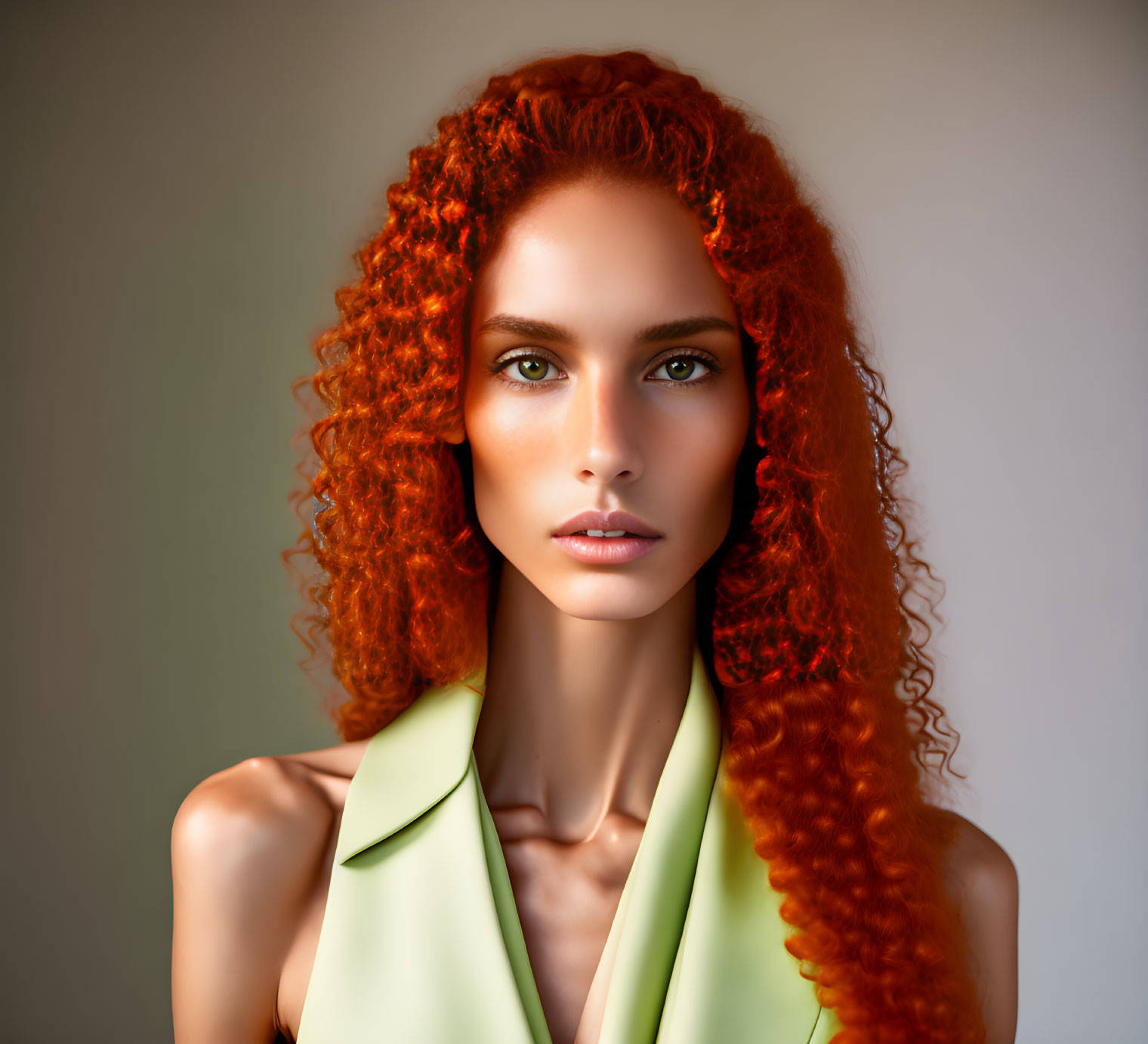 Red Curly-Haired Woman in Lime Green Top with Plunging Neckline