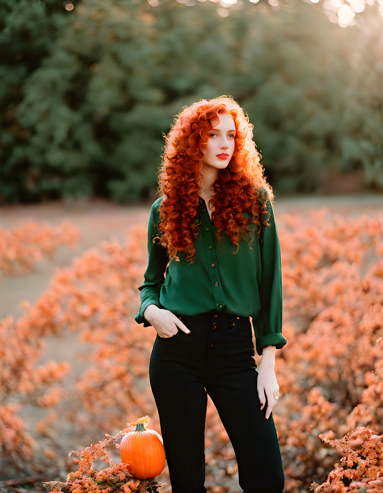 Curly Red-Haired Woman in Green Blouse with Pumpkin and Orange Flora