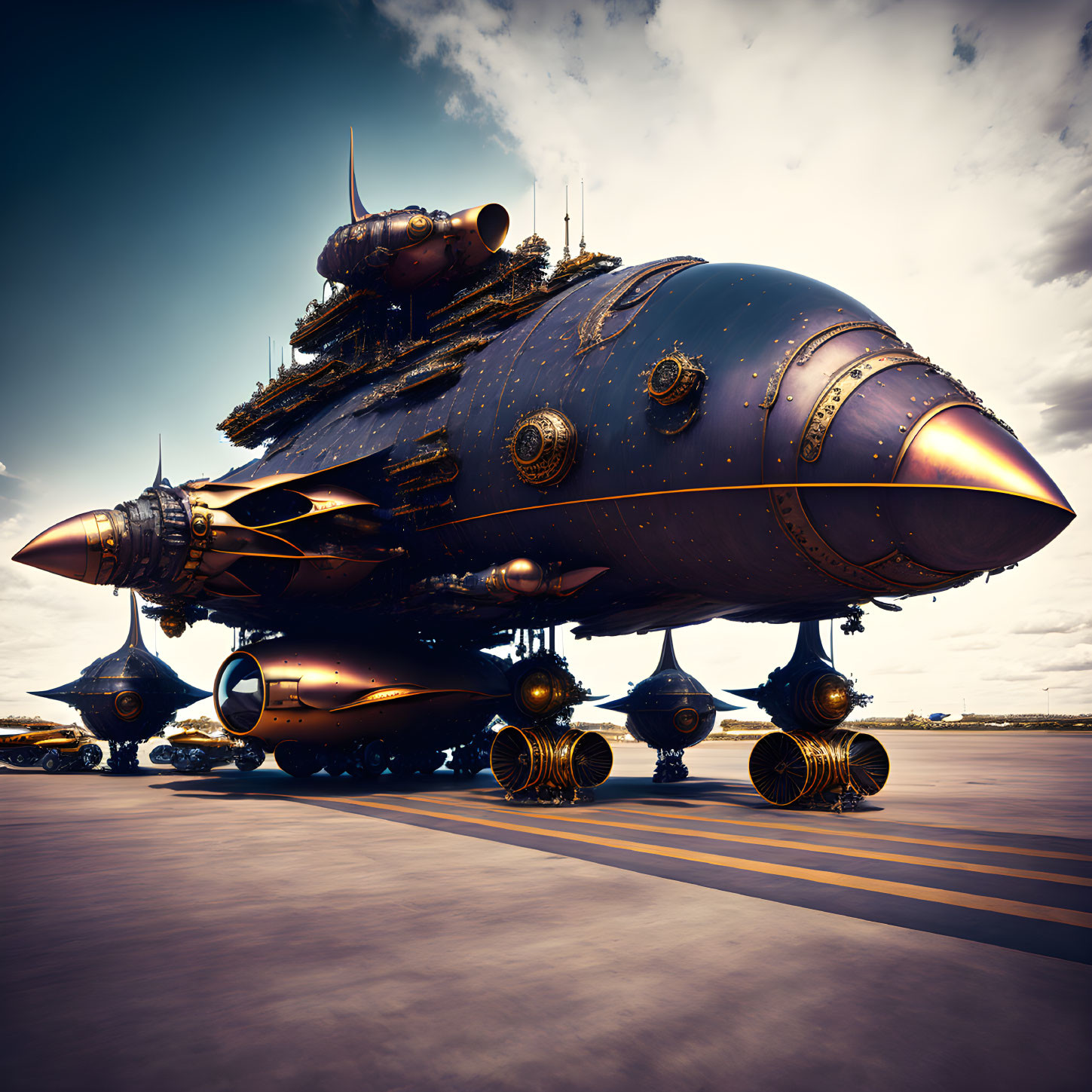 Steampunk-style airship with metallic details on a cloudy runway