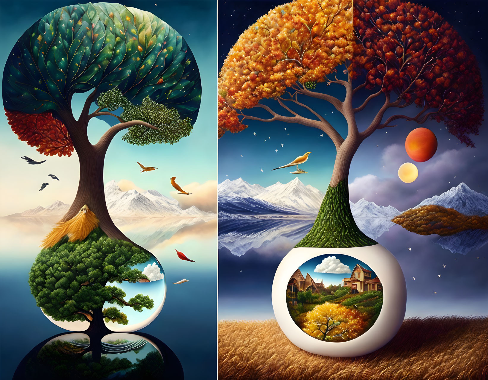 Surreal artwork: Two seasonal trees with floating spheres and mountain backdrop