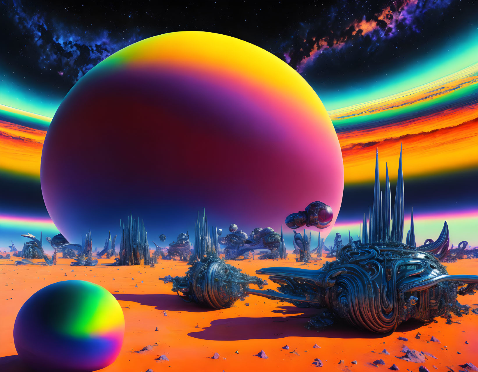 Colorful sci-fi landscape with large planet, crystal structures, and futuristic vehicles on alien terrain.