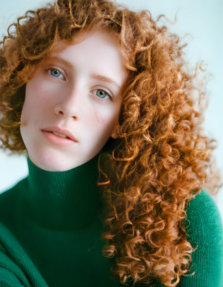 Curly Red Hair and Green Eyes in Green Turtleneck Portrait