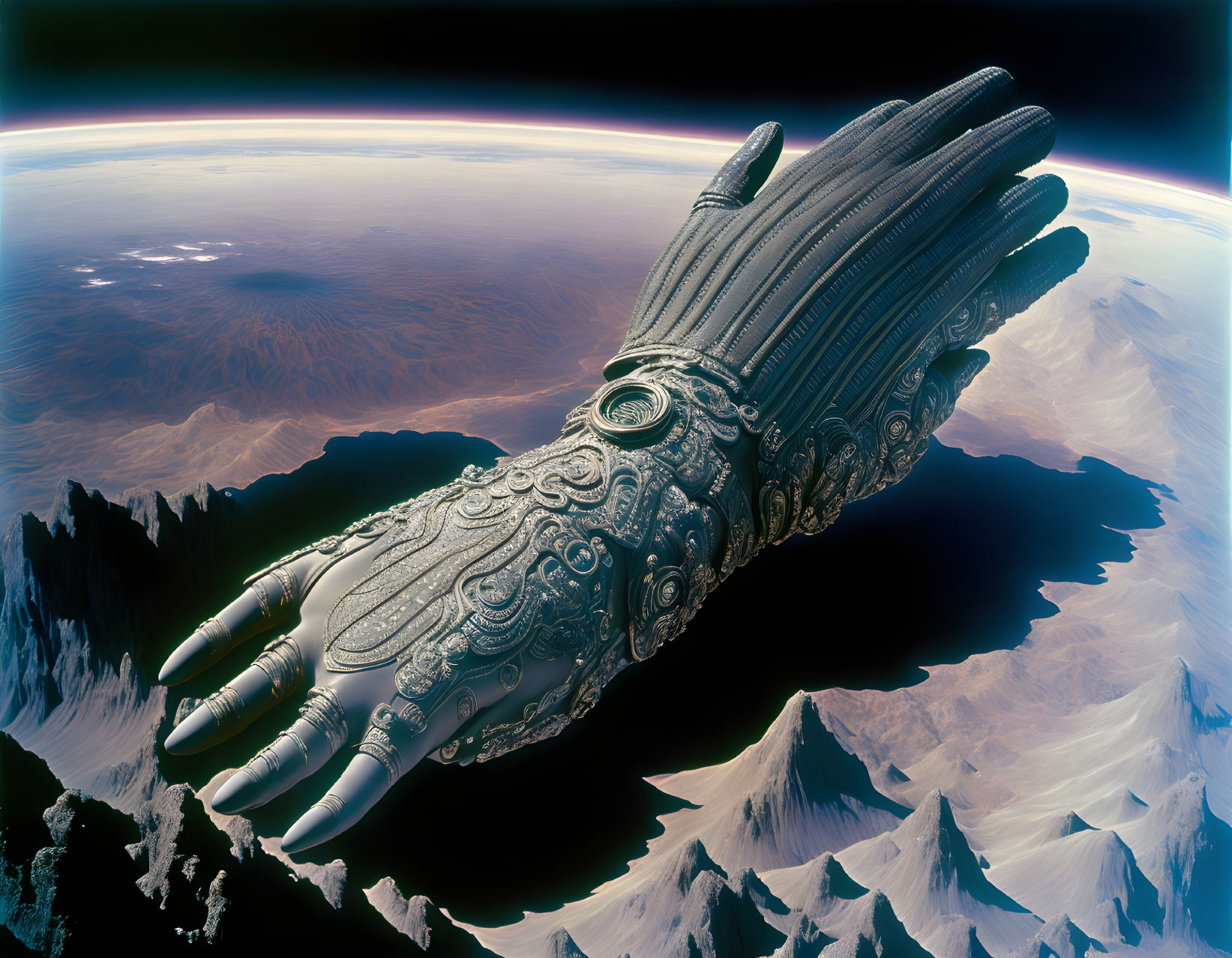 Giant metallic hand over mountain landscape with Earth's curvature.