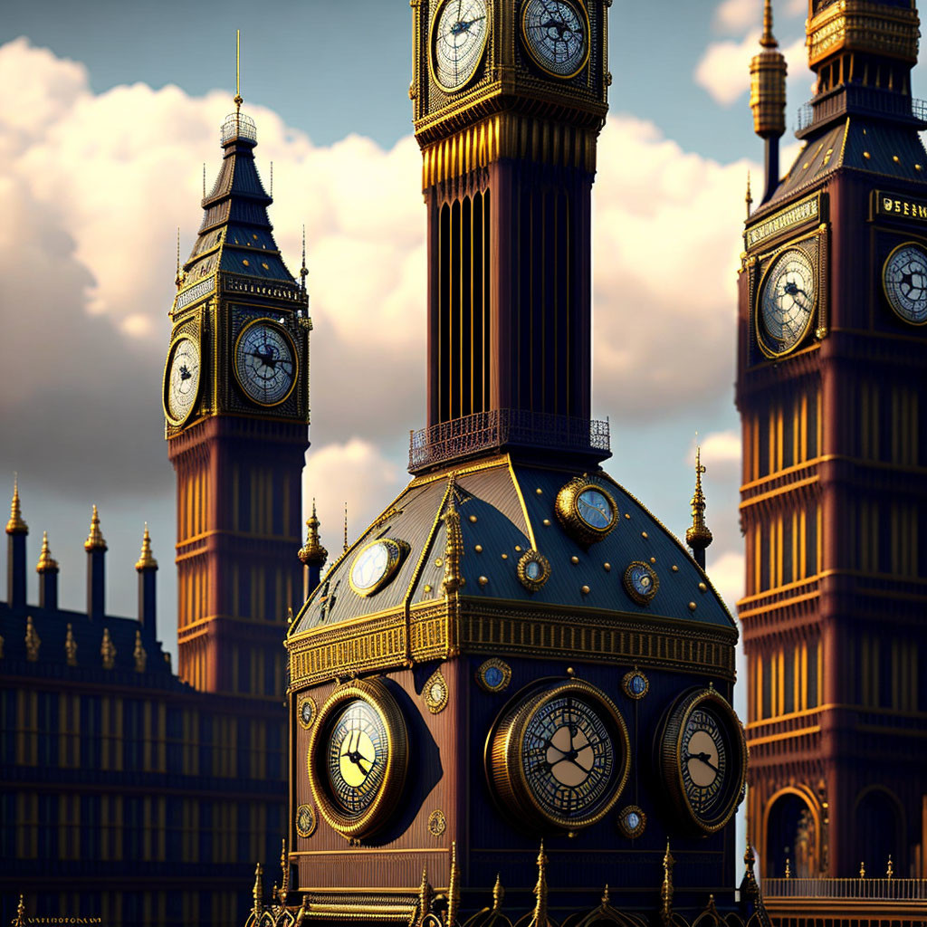 Artistic depiction of Big Ben tower with exaggerated clock faces under dramatic sky