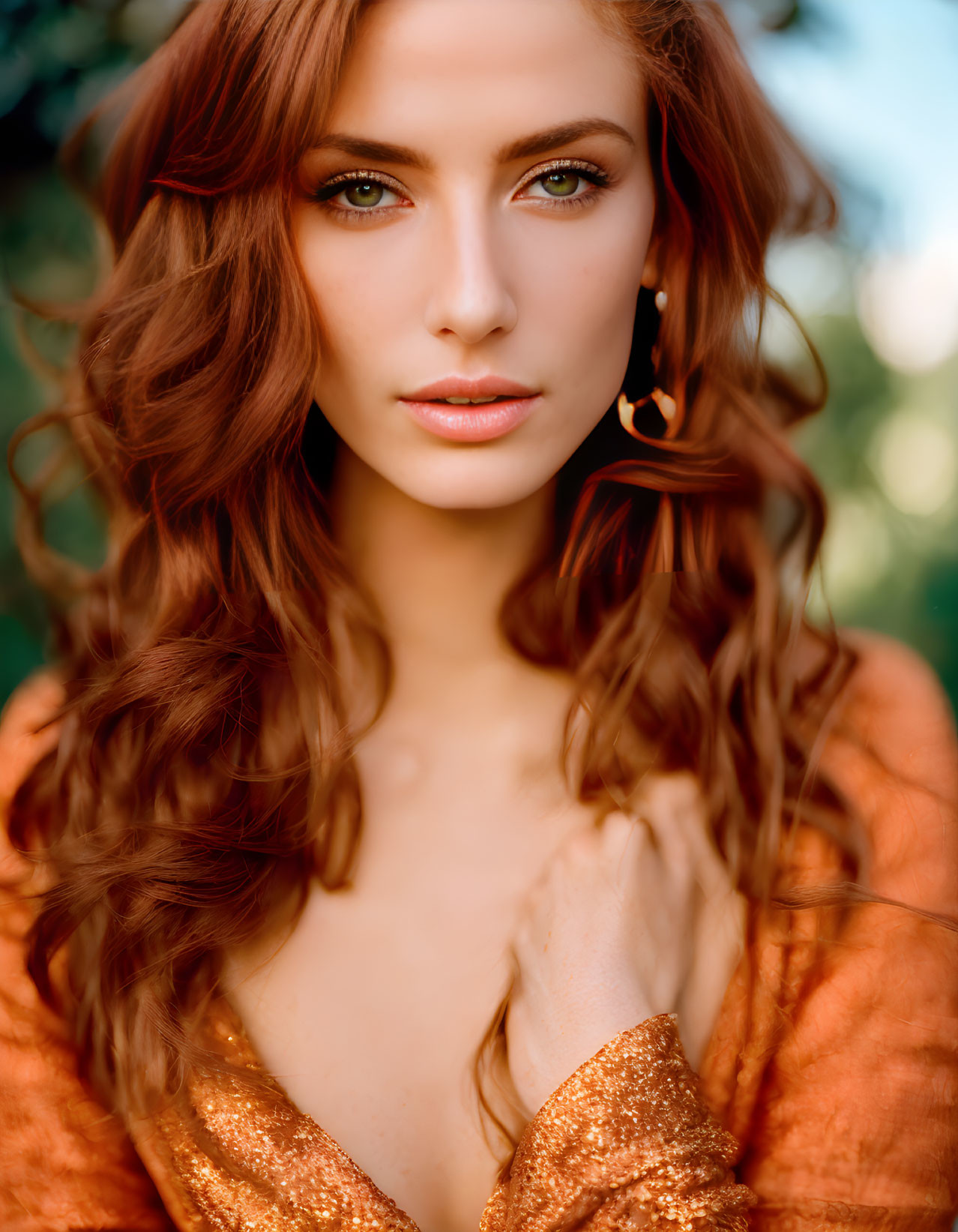 Auburn-Haired Woman in Gold Dress and Hoop Earrings on Green Background