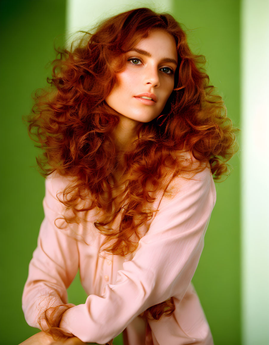 Curly Red-Haired Woman in Pink Blouse on Green Background