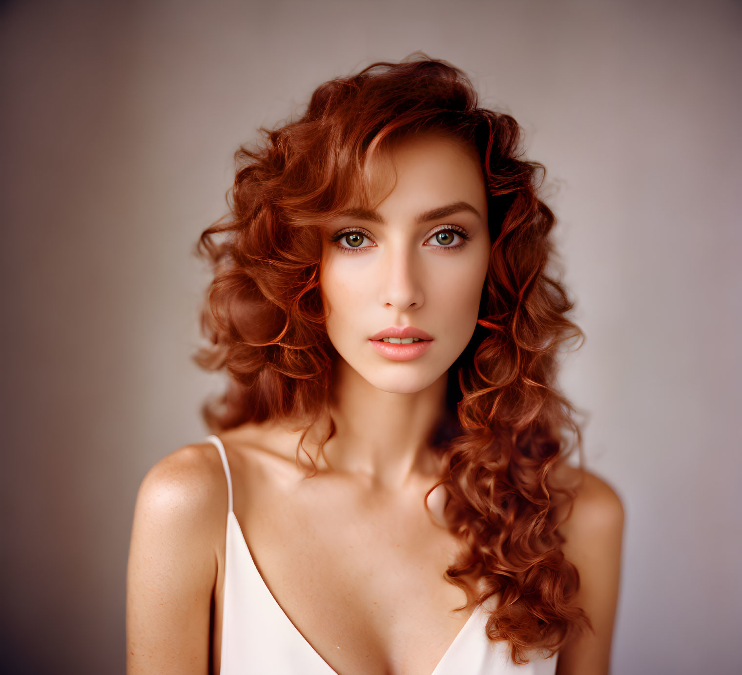 Portrait of Woman with Auburn Curly Hair and Blue Eyes in White Top