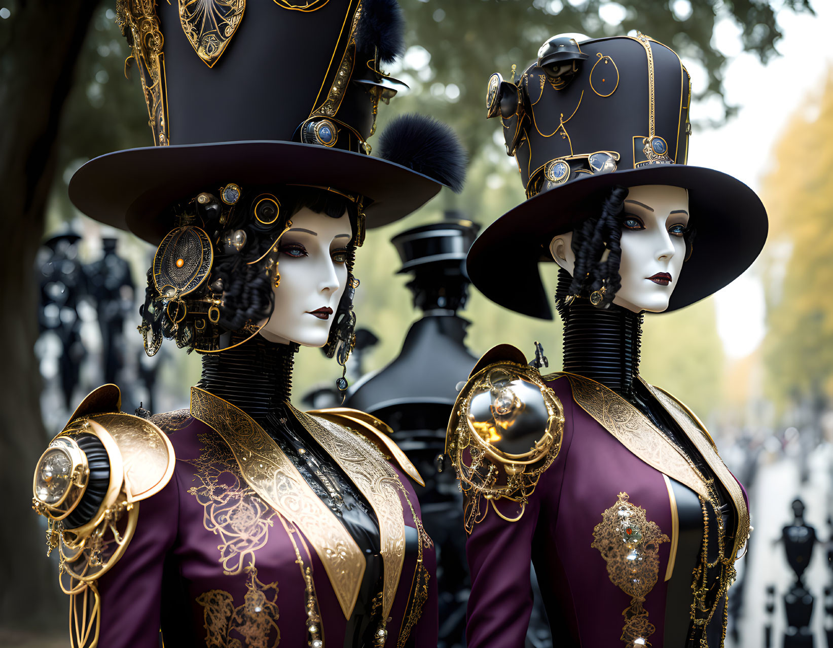 Elaborate steampunk attire on mannequins with ornate hats