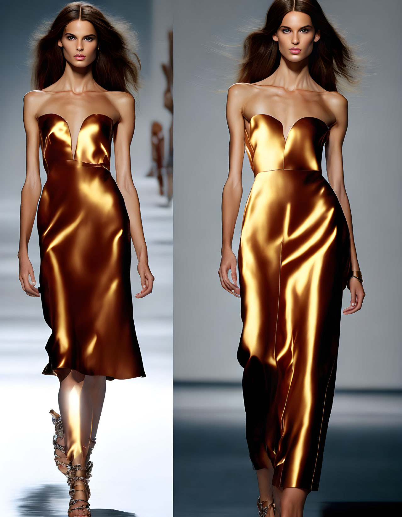 Models showcase elegant golden satin strapless dresses on runway