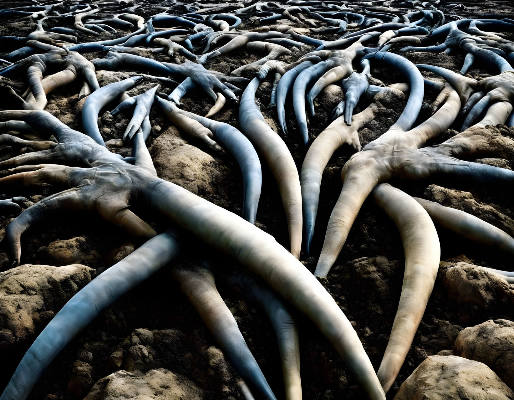 Network of large cables on rocky terrain under dark sky