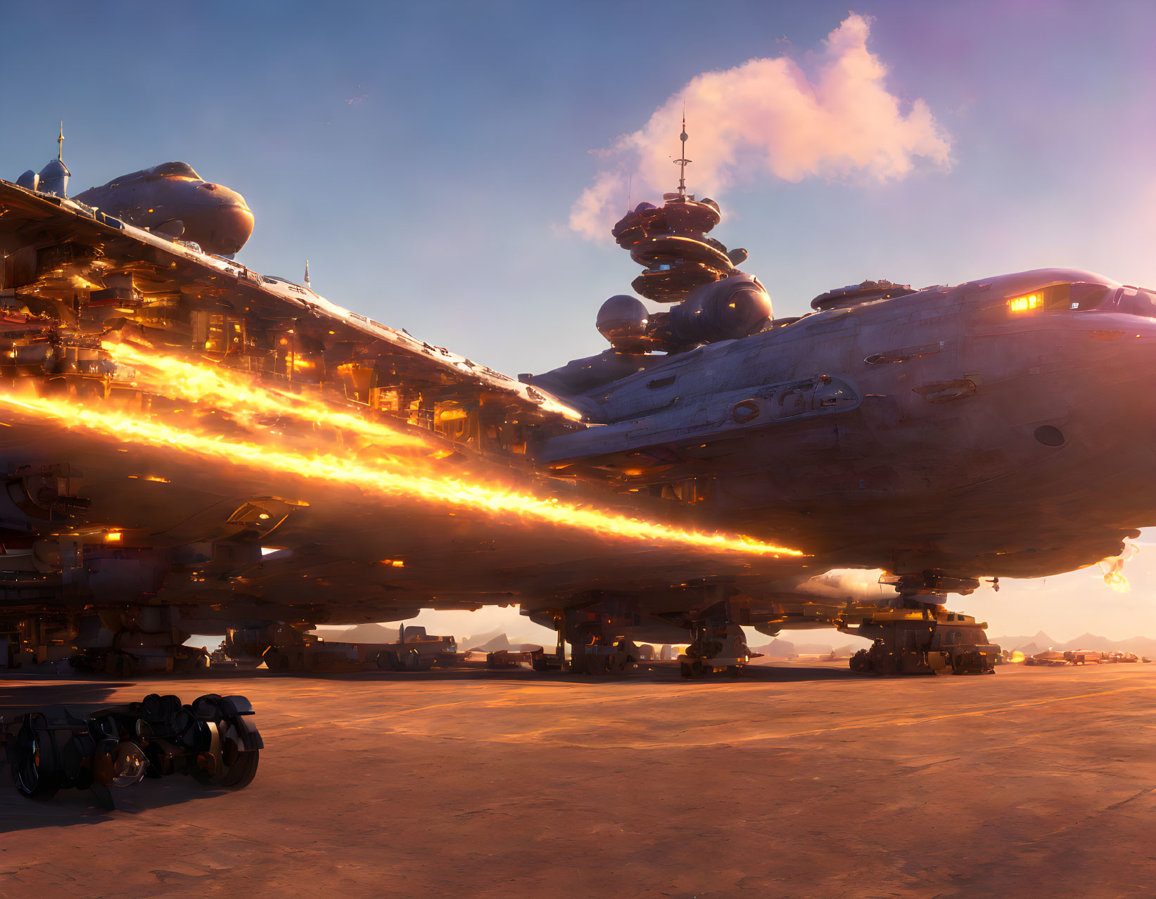 Enormous spaceship docked at futuristic port at sunset