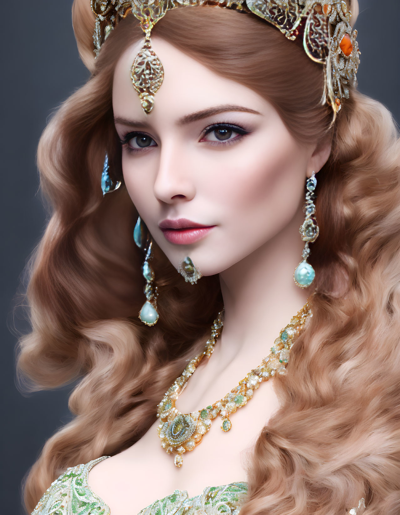 Woman with Brown Hair in Gold Tiara and Green Garment