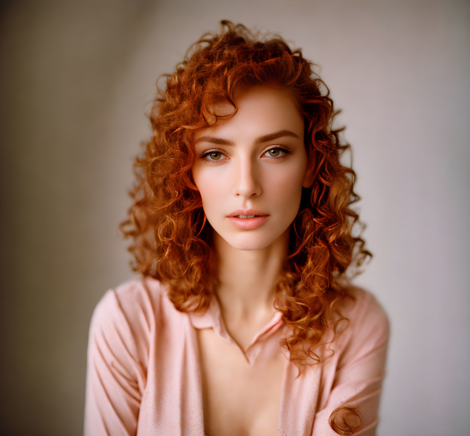 Curly red-haired woman in light pink blouse with blue eyes.