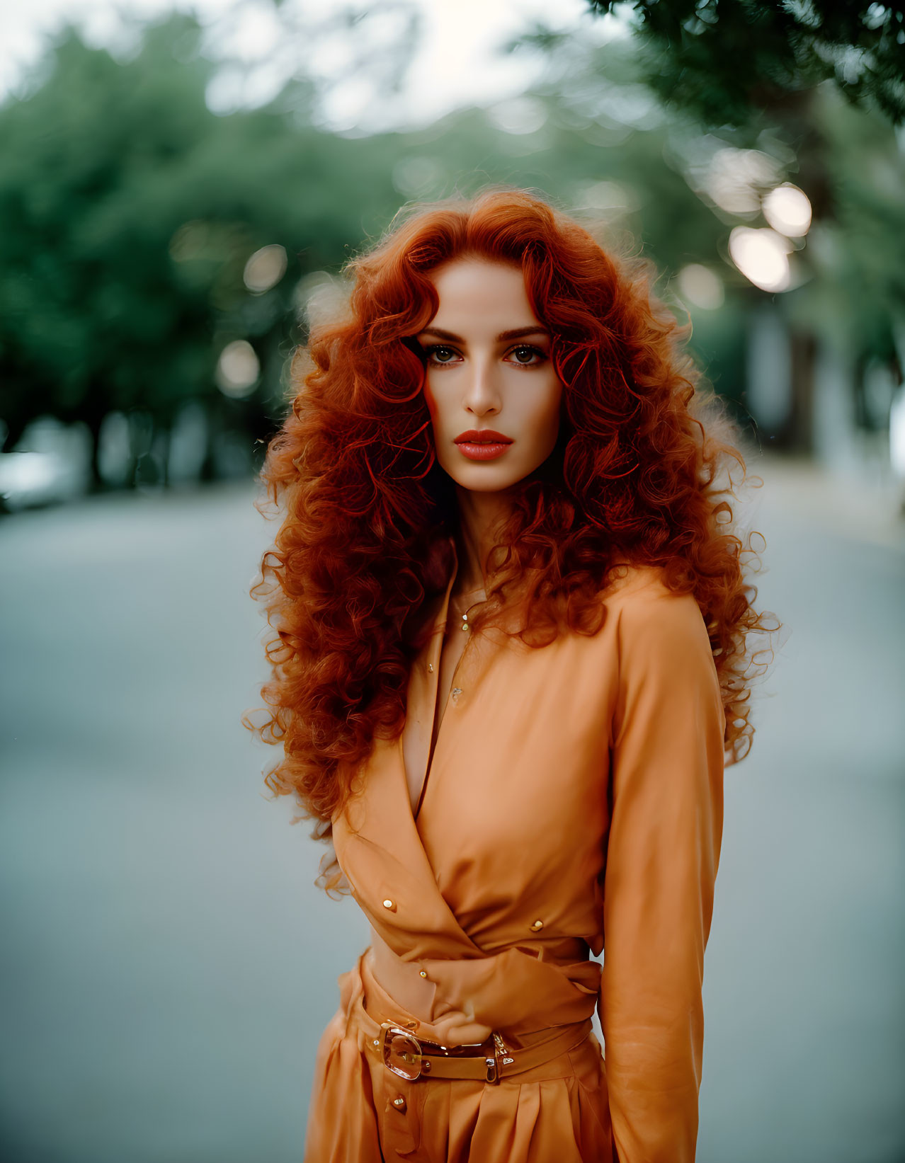 Voluminous red hair woman in orange dress outdoors with blurred trees