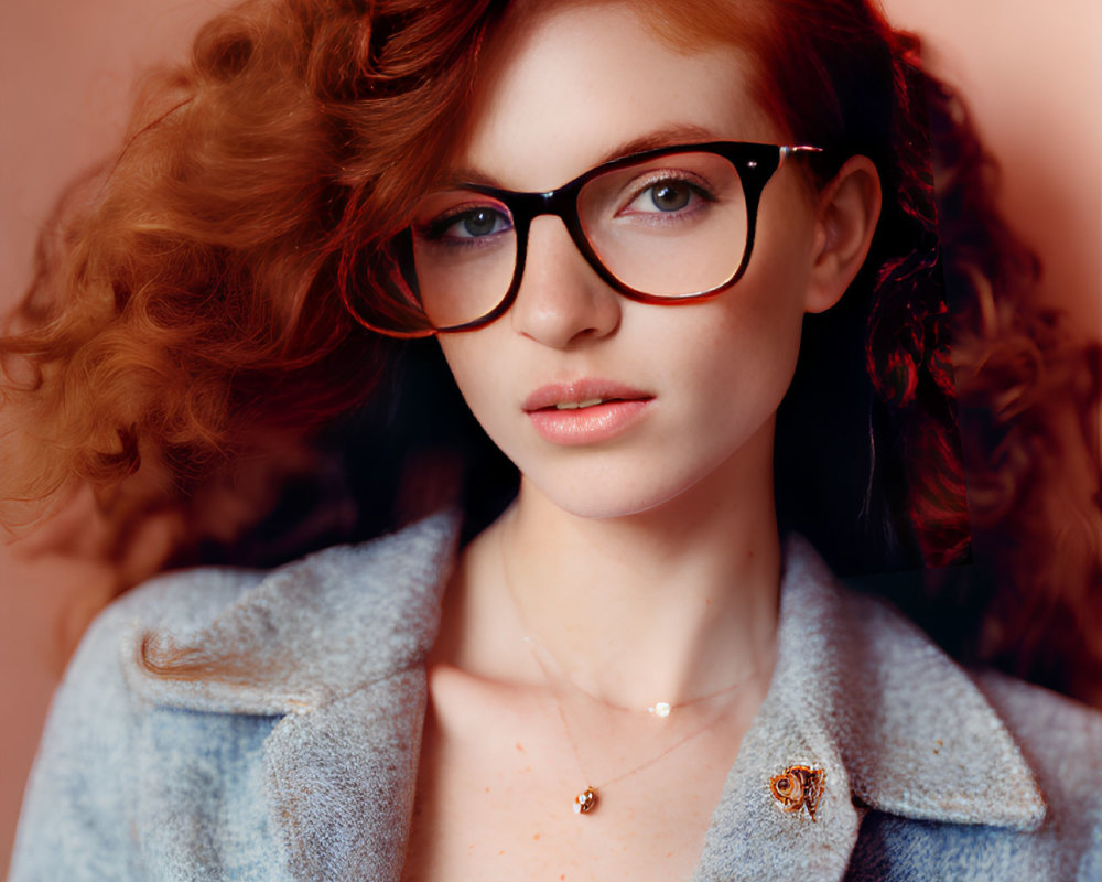 Wavy auburn hair woman in glasses with light blue coat on pink background