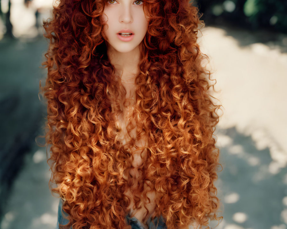 Curly Red-Haired Woman in Denim Top Outdoors