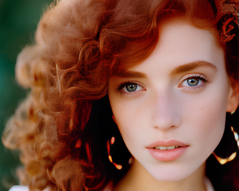 Portrait of Young Woman with Curly Red Hair and Captivating Eyes