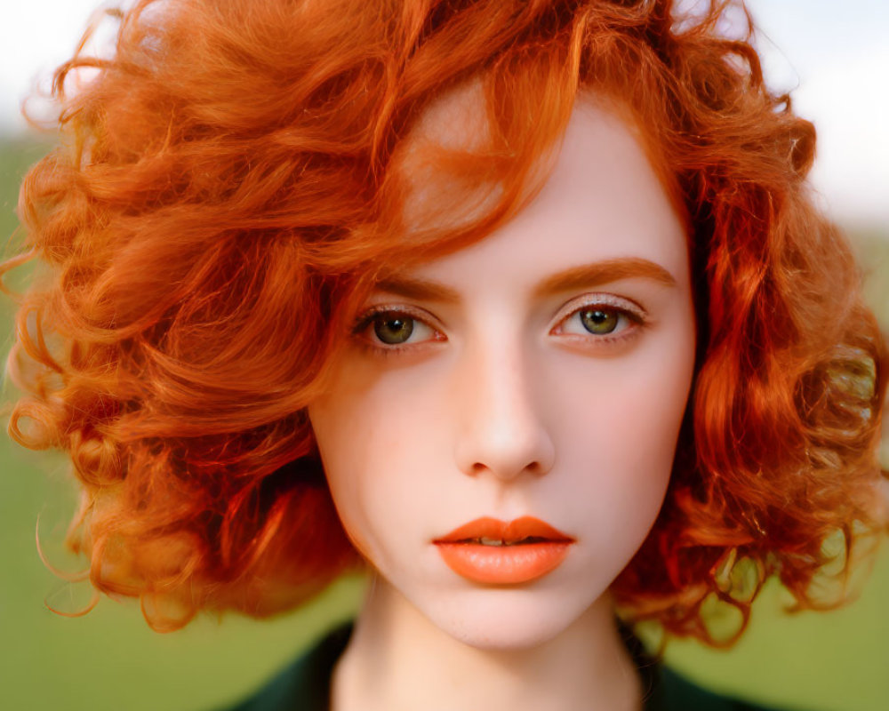 Person with Voluminous Red Curly Hair, Fair Skin, Blue Eyes, Orange Lipstick,