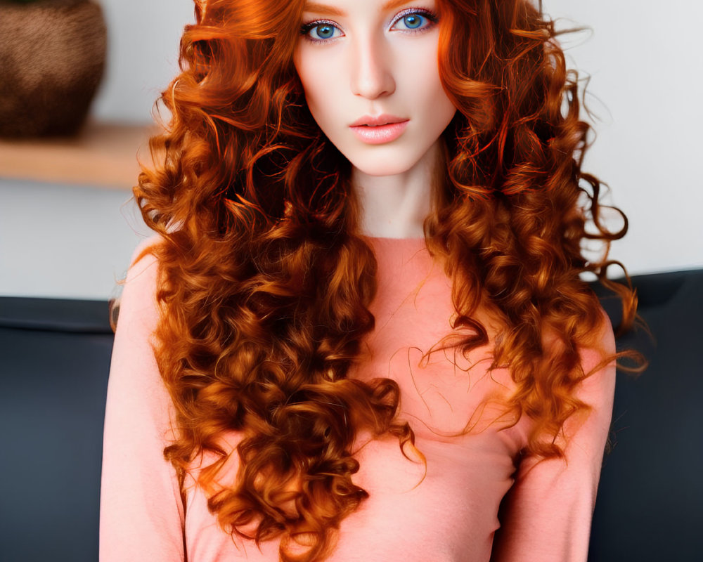 Woman with Long Curly Red Hair and Blue Eyes in Peach Top Sitting Indoors