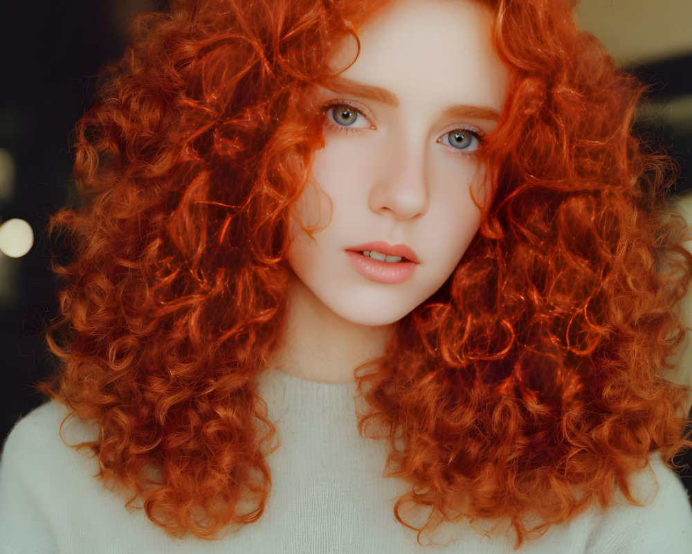 Person with Voluminous Curly Red Hair and Blue Eyes in Light-Colored Top