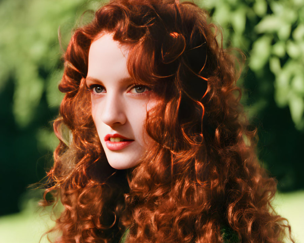 Curly Red-Haired Woman with Red Lipstick and Green Trees Background