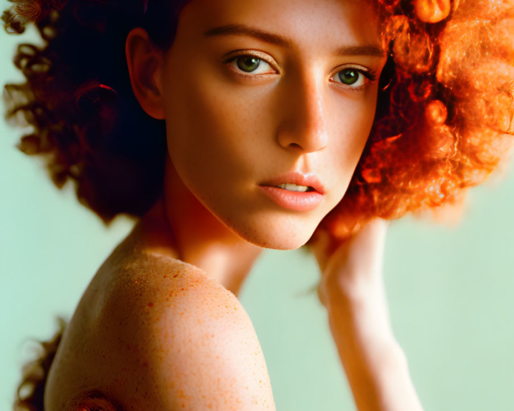 Portrait of a person with curly red hair and freckled skin against peach backdrop