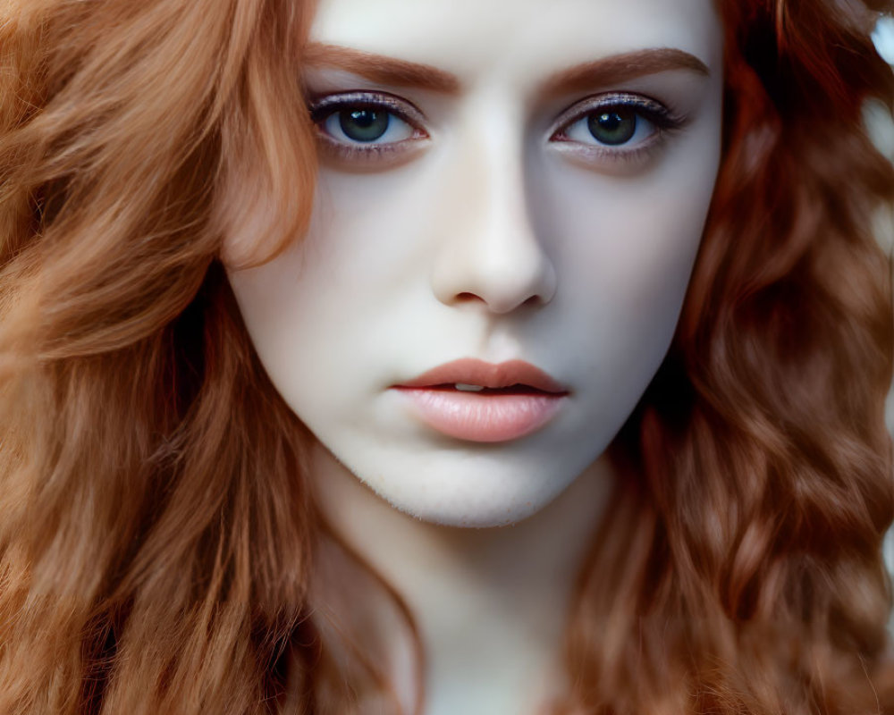 Portrait of a person with curly red hair, fair skin, and intense blue eyes.