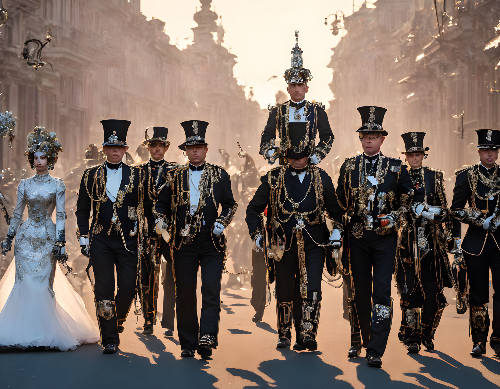 Bride in white dress with men in ceremonial military attire at ornate dusk backdrop