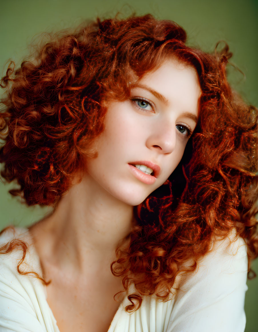 Red Curly-Haired Woman Looking Thoughtfully on Green Background