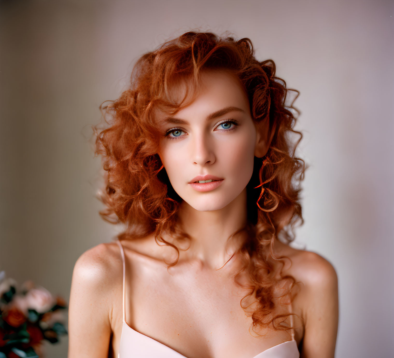 Portrait of woman with curly red hair, blue eyes, pink top, and orange earrings in soft-focus