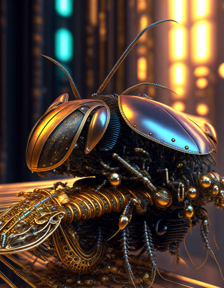 Detailed 3D Rendering of Mechanical Insect on Glowing Vertical Panels