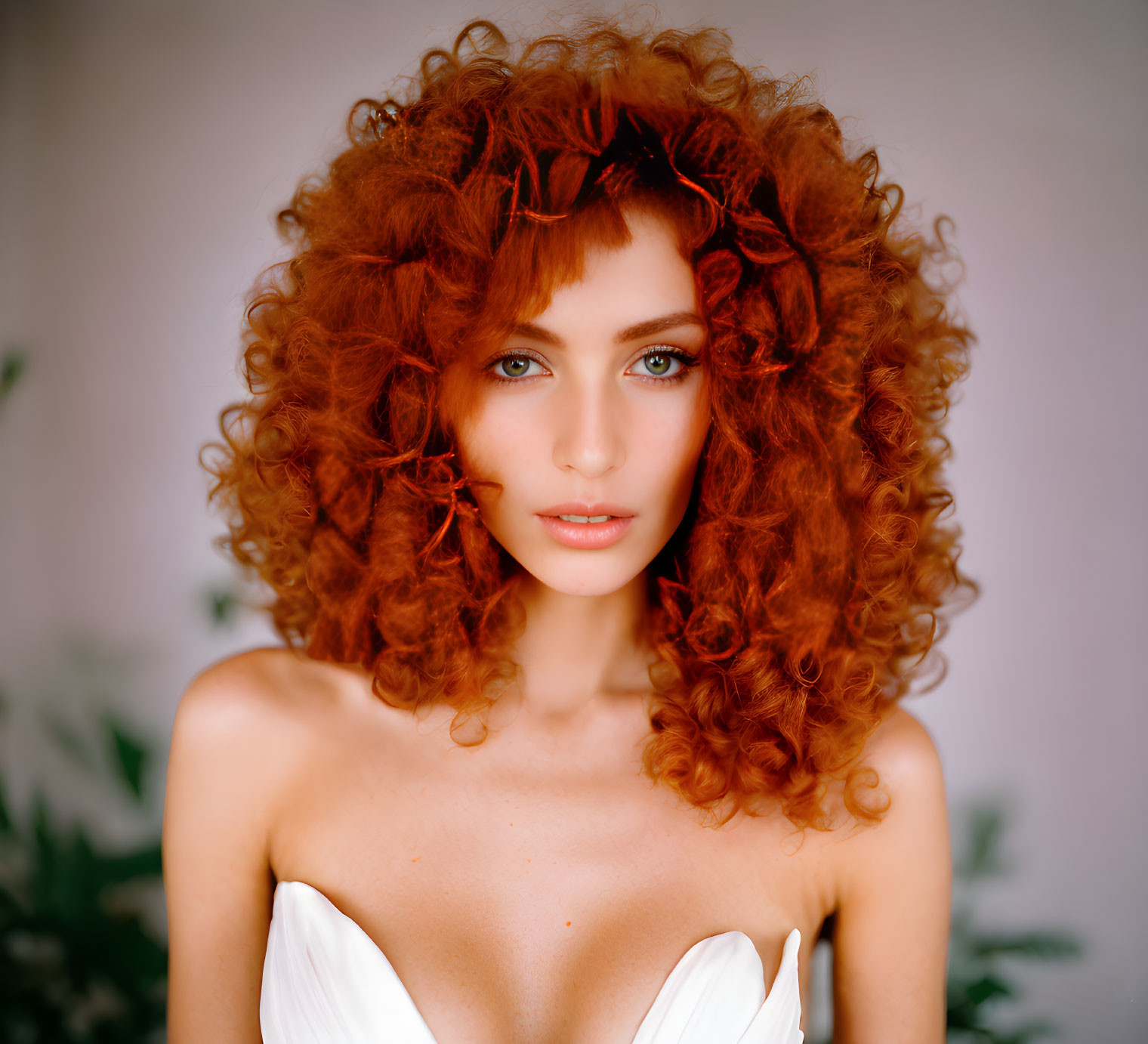 Portrait of Woman with Red Curly Hair and Blue Eyes in White Dress