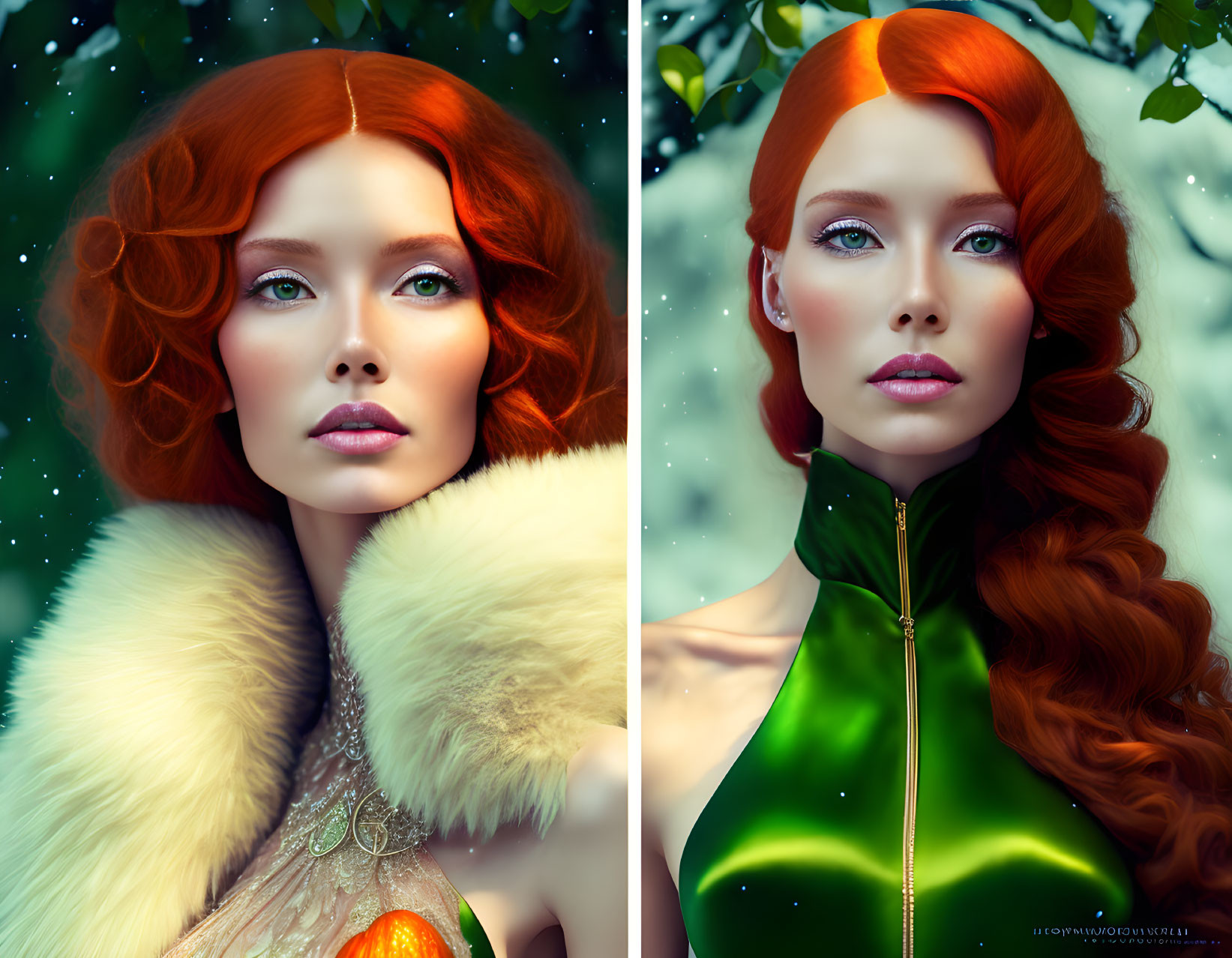 Split-image of woman with red hair and green outfit in magical forest