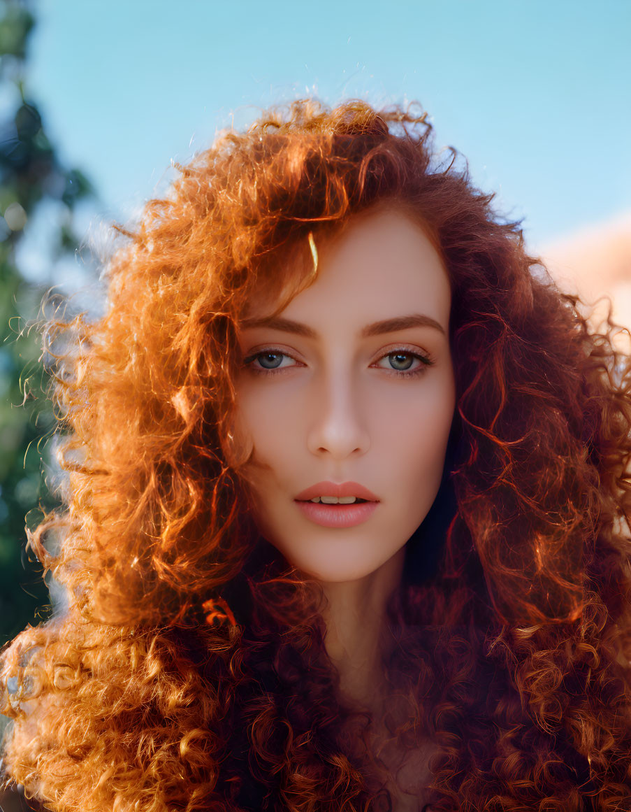 Curly Red-Haired Woman Portrait on Soft Blue-Green Background