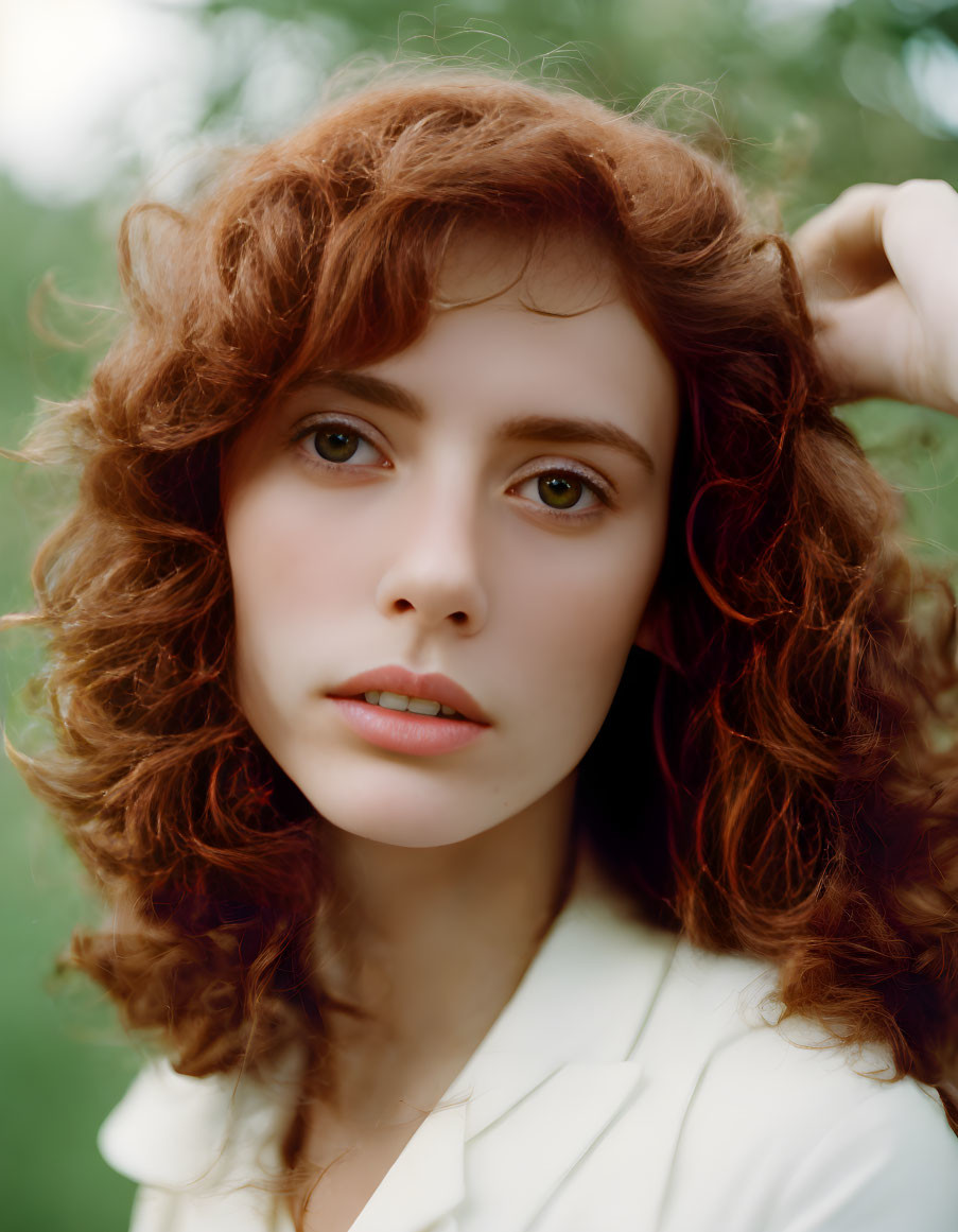 Woman with Curly Auburn Hair and Green Eyes in Light-Colored Outfit with Nature Backdrop