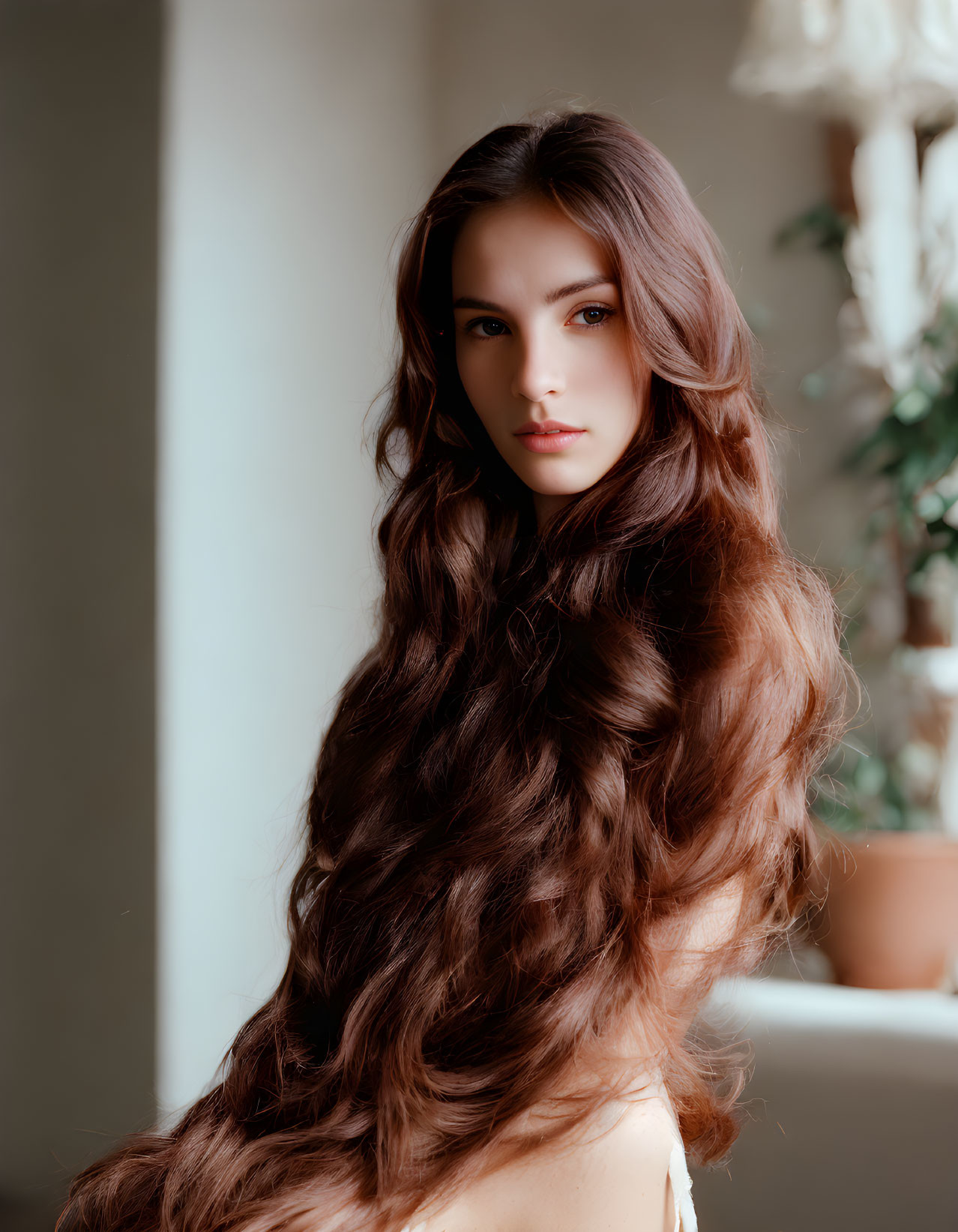 Long, Wavy Brown Hair Woman Posing in Soft Lighting