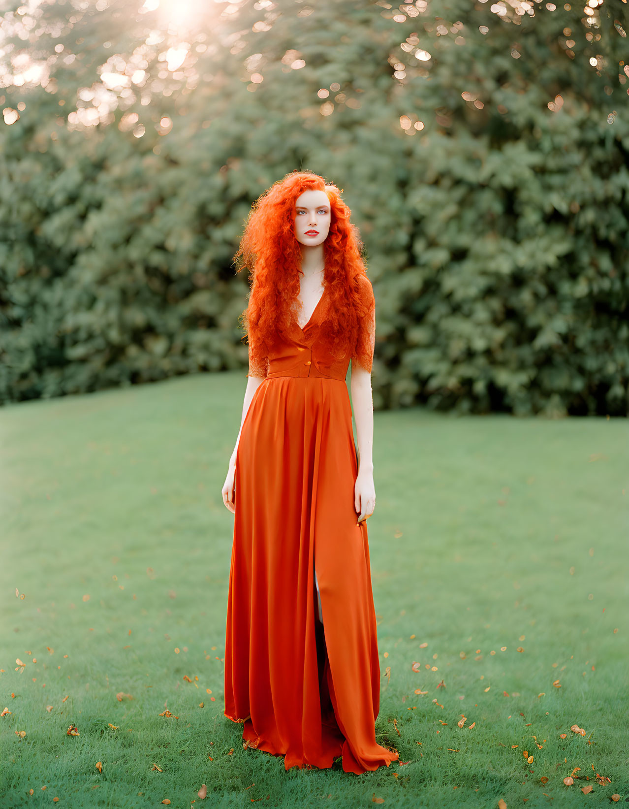 Red-haired woman in orange dress standing in sunny green field