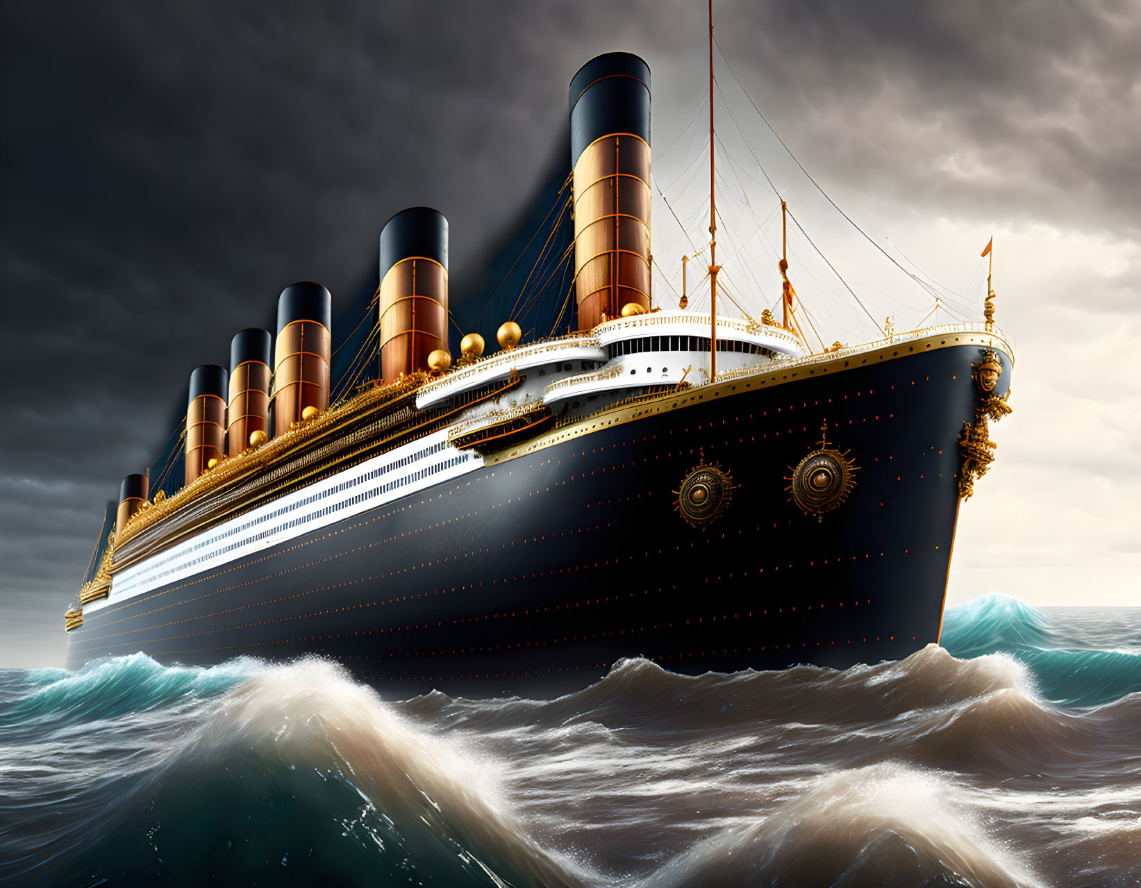 Luxurious ocean liner with golden accents navigating stormy seas