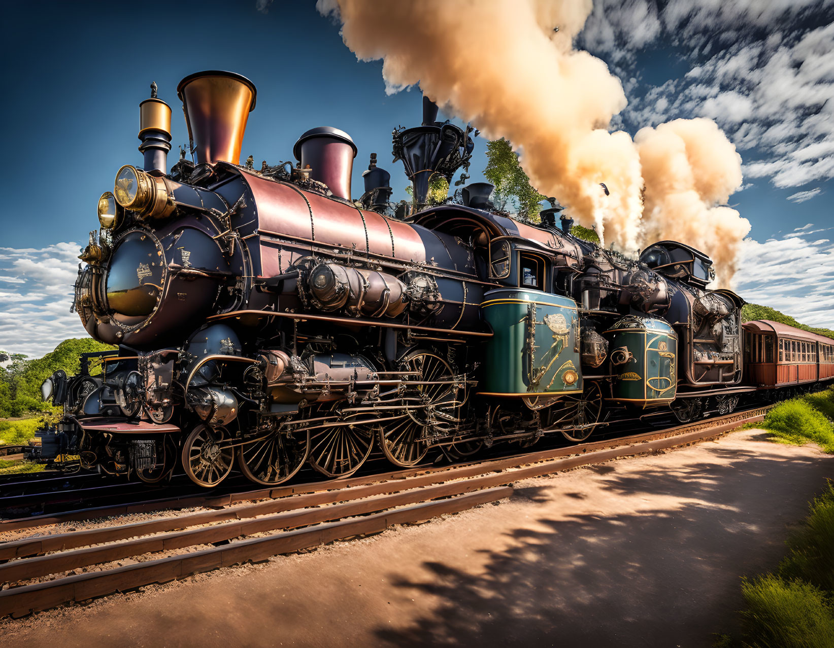 Vintage steam locomotives with ornate details traveling side by side under blue sky.